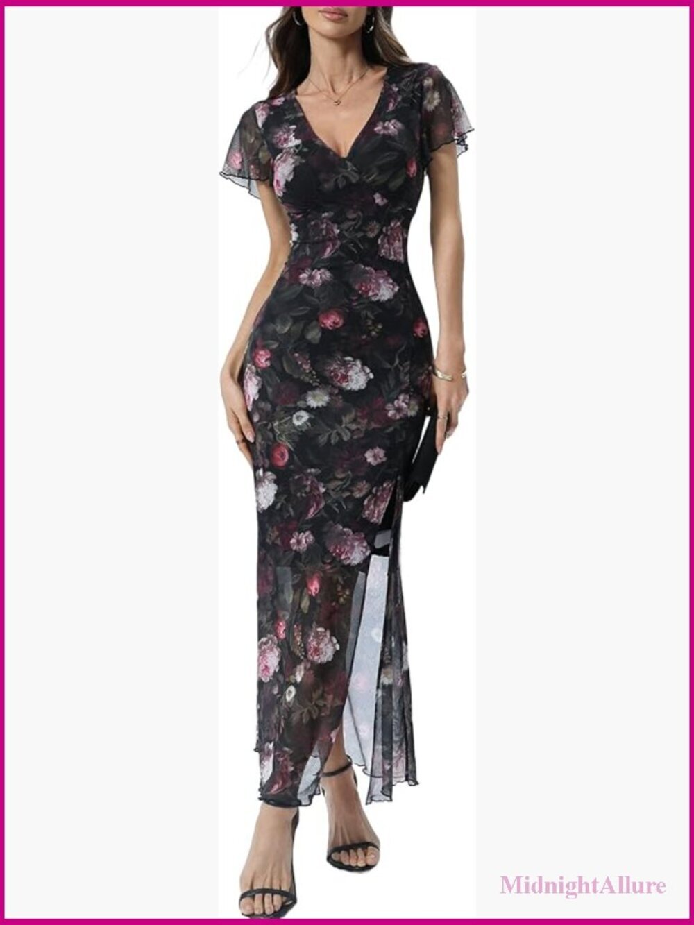 V Neck High Slit Flutter Sleeve Mesh Maxi Dress